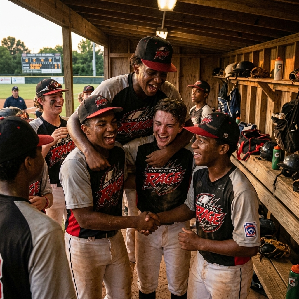 Mid Atlantic Rage players celebrating in the dugout before game