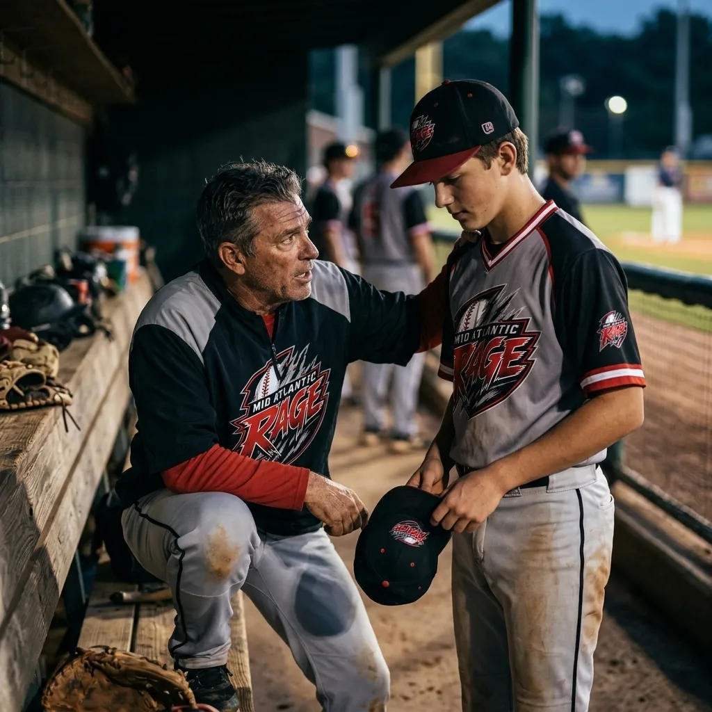 Mid Atlantic Rage mentor coaching an athlete one-on-one in the dugout