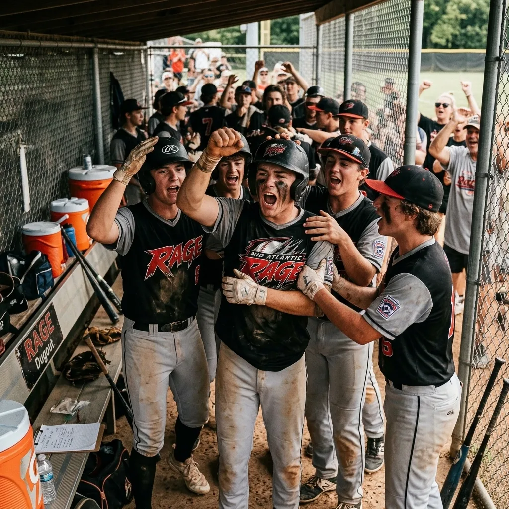 Mid Atlantic Rage players celebrating in the dugout before game